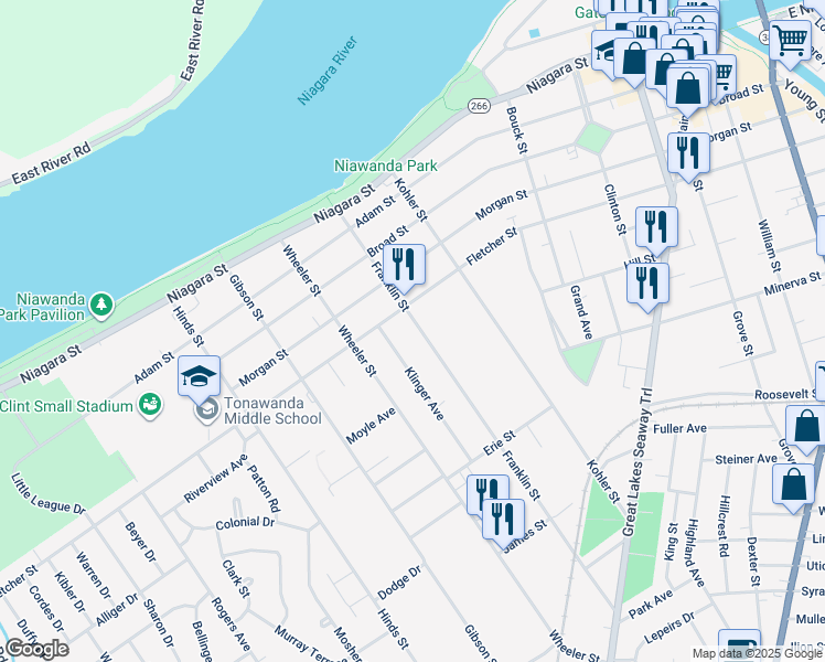 map of restaurants, bars, coffee shops, grocery stores, and more near 110 Franklin Street in Tonawanda