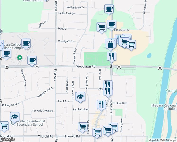 map of restaurants, bars, coffee shops, grocery stores, and more near 36 Forest Road in Welland
