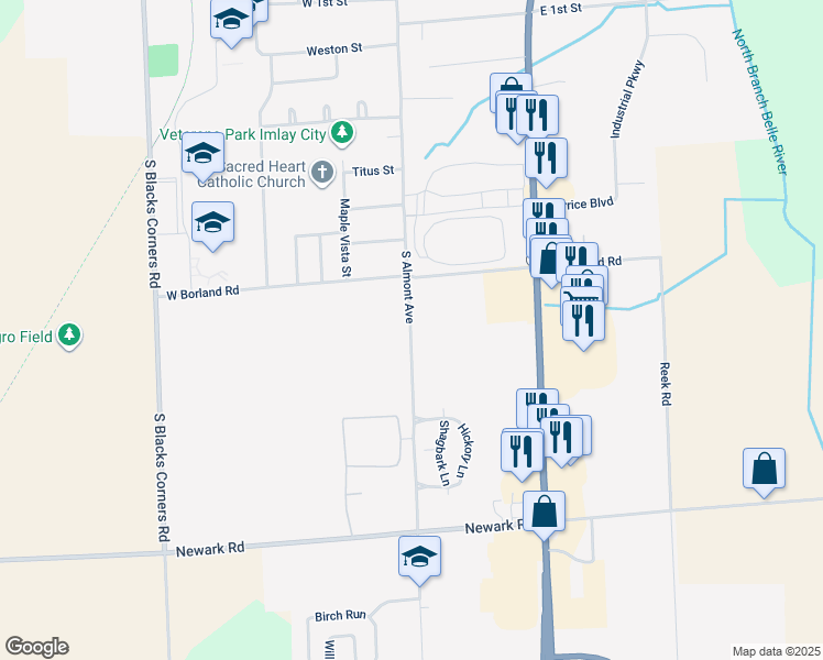 map of restaurants, bars, coffee shops, grocery stores, and more near 1795 South Almont Avenue in Imlay City