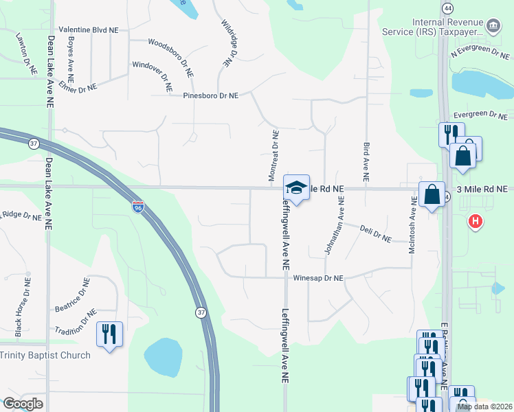 map of restaurants, bars, coffee shops, grocery stores, and more near 2760 Burgen Avenue Northeast in Grand Rapids