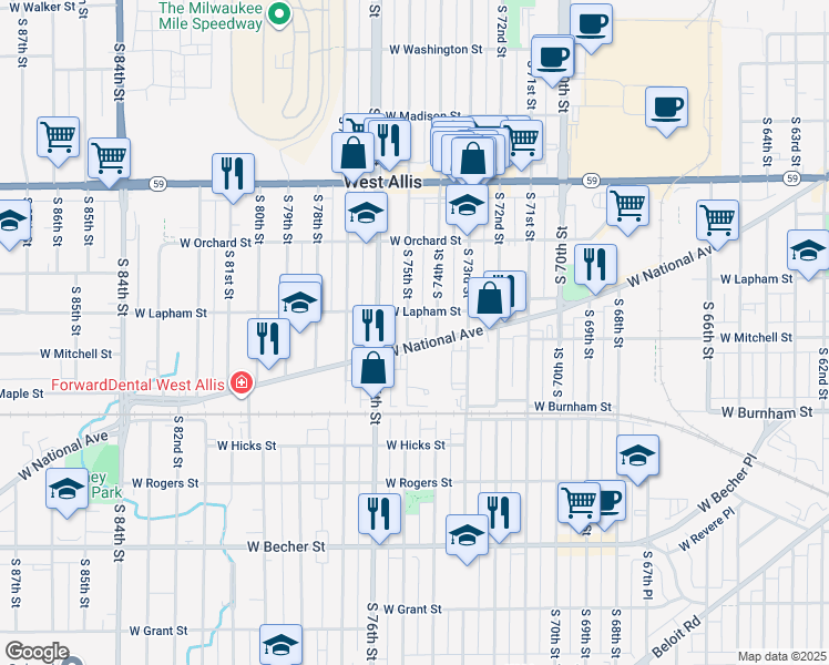 map of restaurants, bars, coffee shops, grocery stores, and more near 1623 South 75th Street in West Allis