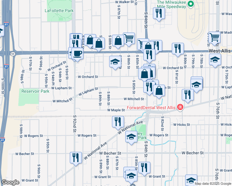 map of restaurants, bars, coffee shops, grocery stores, and more near 8719 West Lapham Street in West Allis