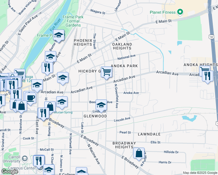 map of restaurants, bars, coffee shops, grocery stores, and more near 851 Oakland Avenue in Waukesha