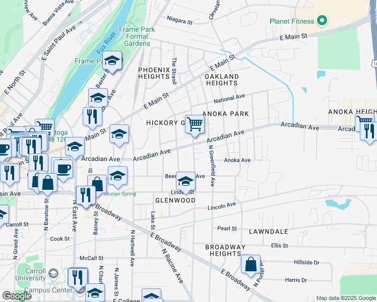 map of restaurants, bars, coffee shops, grocery stores, and more near 851 Oakland Avenue in Waukesha
