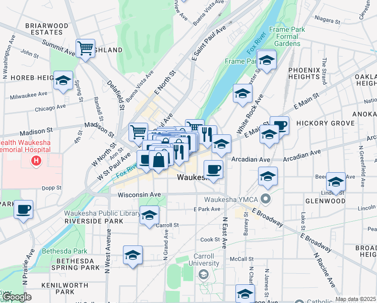 map of restaurants, bars, coffee shops, grocery stores, and more near 234 West Main Street in Waukesha