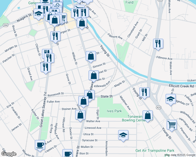 map of restaurants, bars, coffee shops, grocery stores, and more near 100 Elm Street in Tonawanda