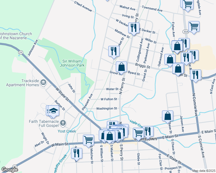 map of restaurants, bars, coffee shops, grocery stores, and more near 401 N Market St in Johnstown