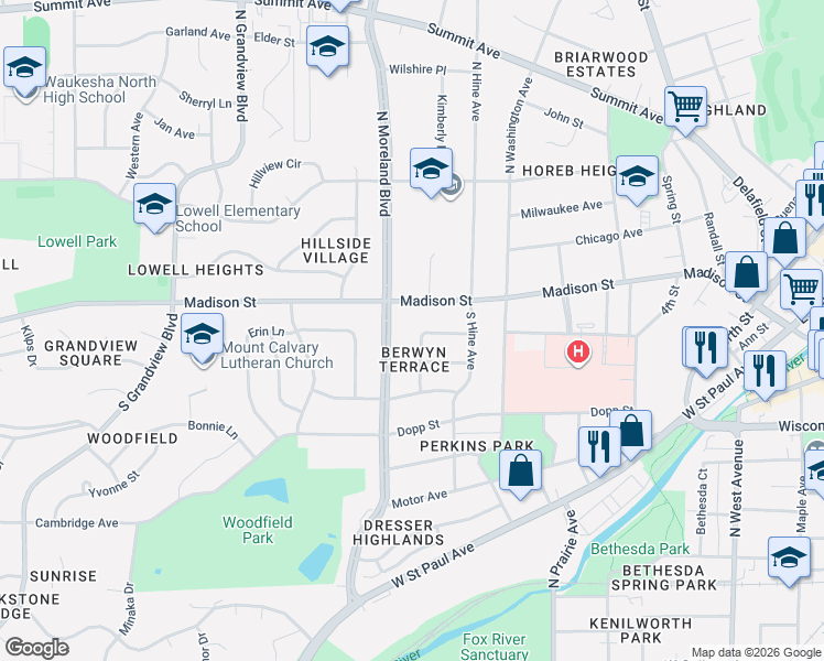 map of restaurants, bars, coffee shops, grocery stores, and more near 201 South Moreland Boulevard in Waukesha