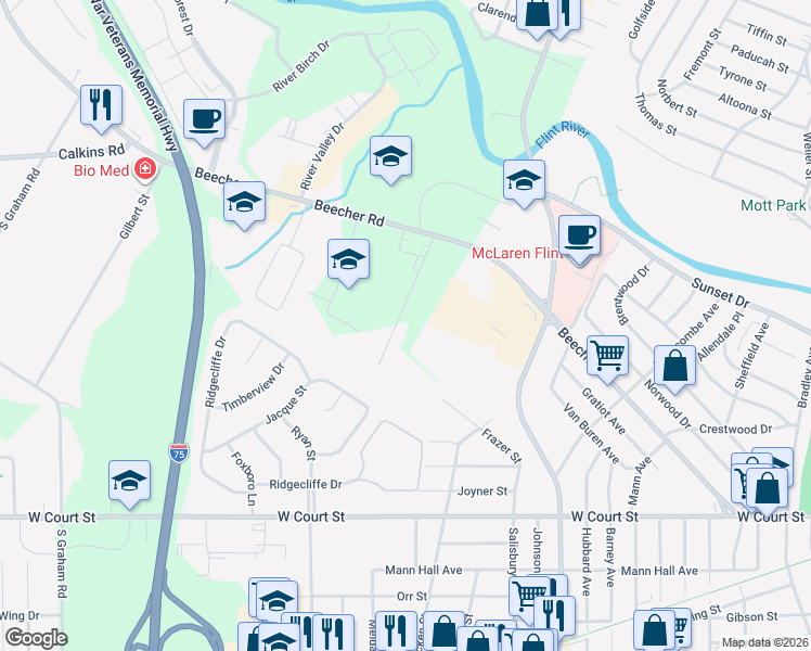 map of restaurants, bars, coffee shops, grocery stores, and more near 1101 Houran Street in Flint