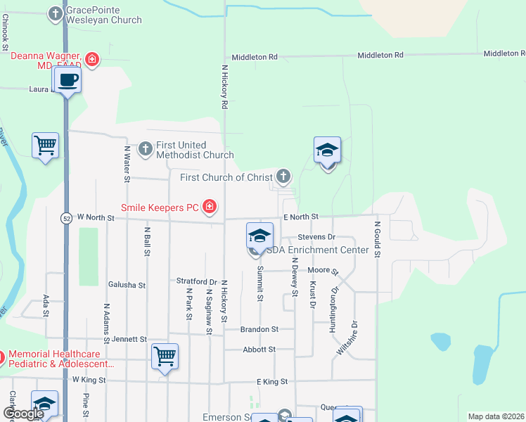 map of restaurants, bars, coffee shops, grocery stores, and more near 501 East North Street in Owosso