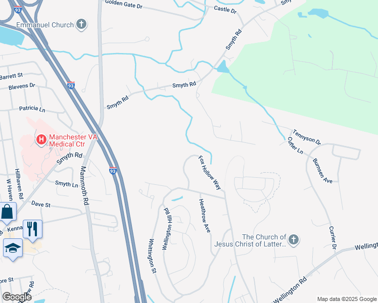 map of restaurants, bars, coffee shops, grocery stores, and more near 411 Fox Hollow Way in Manchester