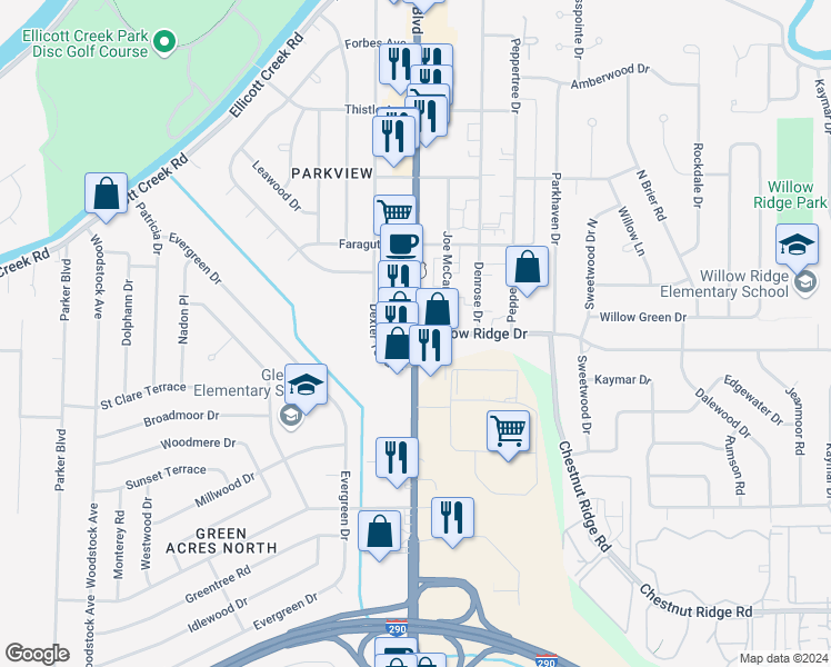 map of restaurants, bars, coffee shops, grocery stores, and more near Niagara Falls Blvd & Willow Ridge Dr in Erie