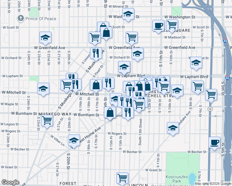 map of restaurants, bars, coffee shops, grocery stores, and more near 1522 West Mitchell Street in Milwaukee