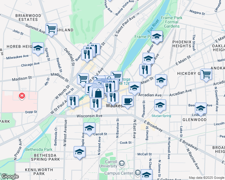 map of restaurants, bars, coffee shops, grocery stores, and more near 220 West Main Street in Waukesha