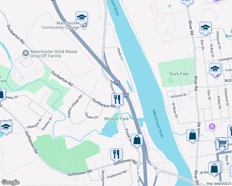 map of restaurants, bars, coffee shops, grocery stores, and more near 647 Front Street in Manchester