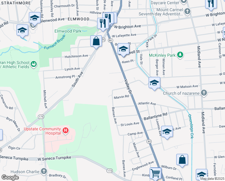 map of restaurants, bars, coffee shops, grocery stores, and more near 106 Barnes Avenue in Syracuse