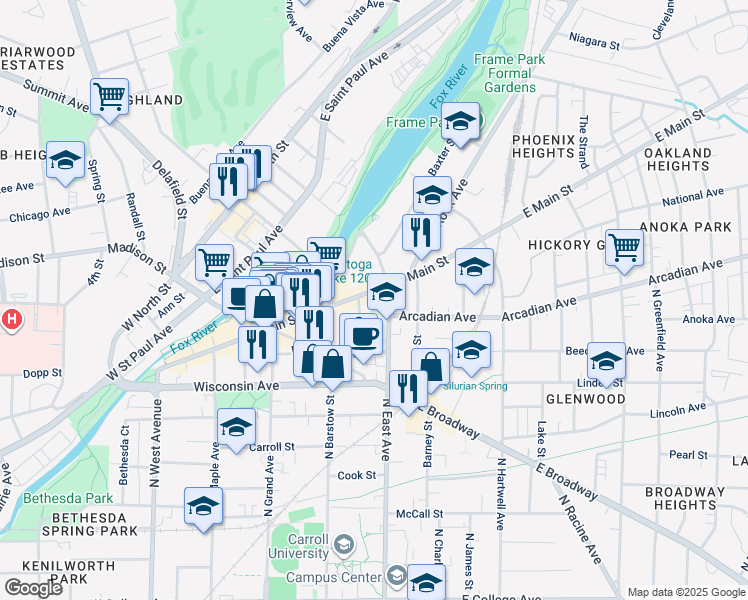map of restaurants, bars, coffee shops, grocery stores, and more near 101 West Main Street in Waukesha