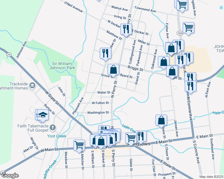 map of restaurants, bars, coffee shops, grocery stores, and more near 215 1/2 North Perry Street in Johnstown