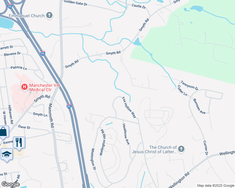 map of restaurants, bars, coffee shops, grocery stores, and more near 411 Fox Hollow Way in Manchester