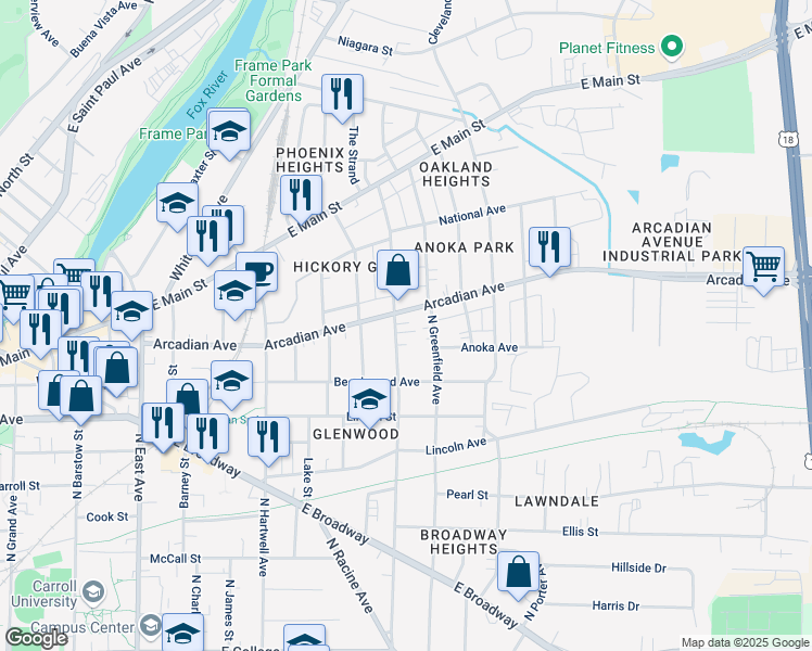 map of restaurants, bars, coffee shops, grocery stores, and more near 851 Oakland Avenue in Waukesha