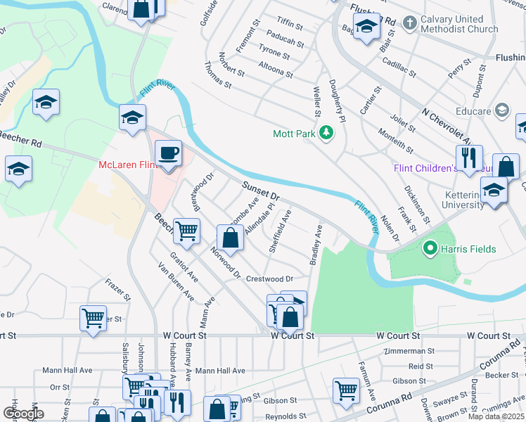 map of restaurants, bars, coffee shops, grocery stores, and more near 326 Allendale Place in Flint