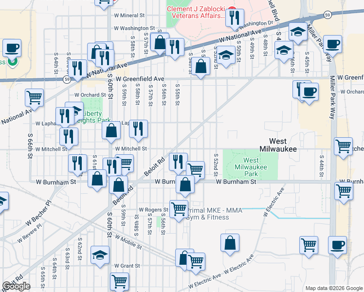 map of restaurants, bars, coffee shops, grocery stores, and more near 5445 Beloit Road in West Milwaukee