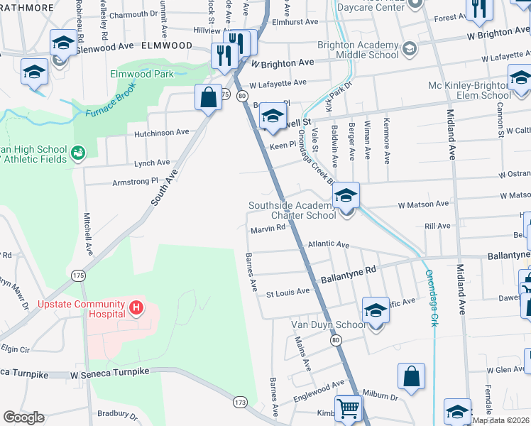 map of restaurants, bars, coffee shops, grocery stores, and more near 119 Maurice Avenue in Syracuse