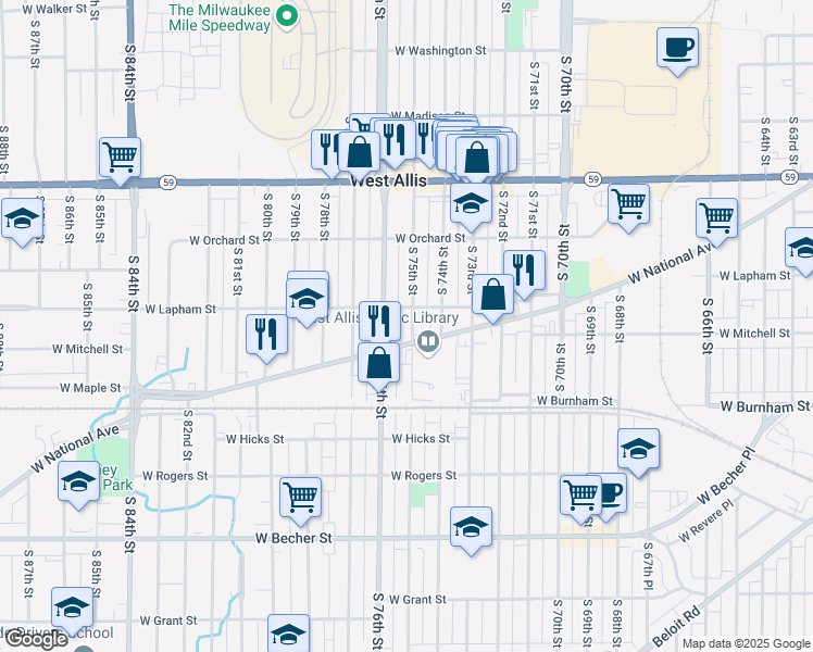 map of restaurants, bars, coffee shops, grocery stores, and more near 1623 South 75th Street in West Allis