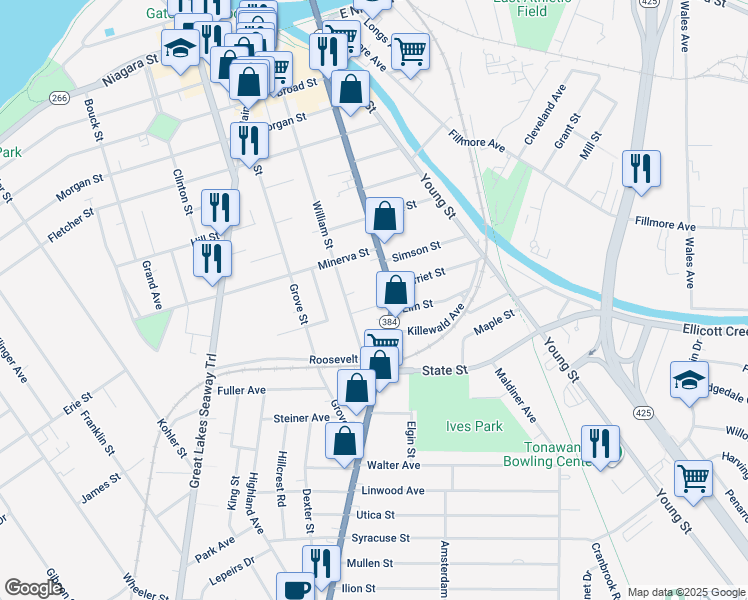map of restaurants, bars, coffee shops, grocery stores, and more near 18 Broughton Ct in Tonawanda