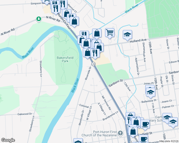 map of restaurants, bars, coffee shops, grocery stores, and more near 3418 Riverside Drive in Port Huron