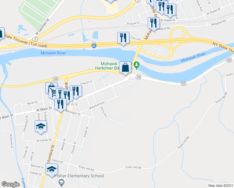 map of restaurants, bars, coffee shops, grocery stores, and more near 9 Bellinger Street in Mohawk