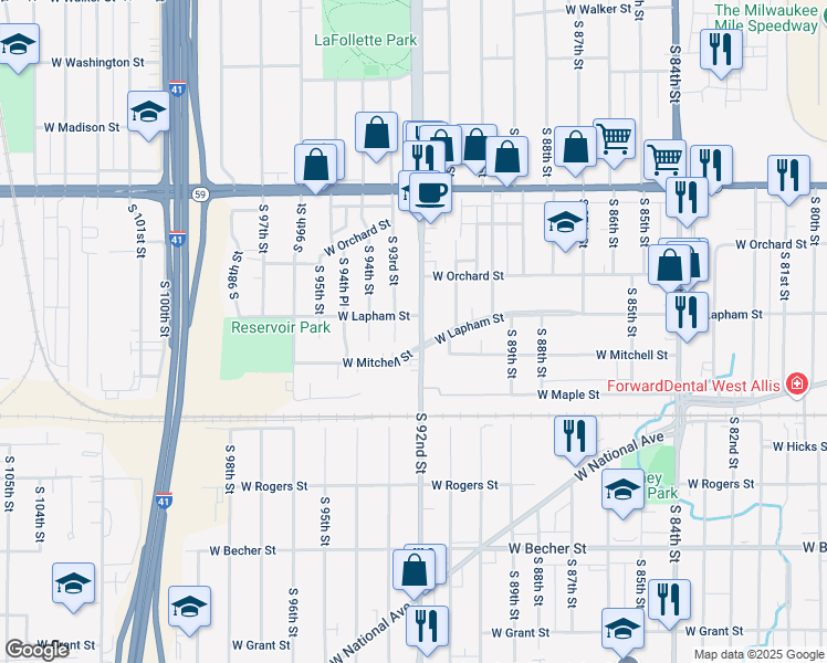 map of restaurants, bars, coffee shops, grocery stores, and more near 1617 South 92nd Street in West Allis