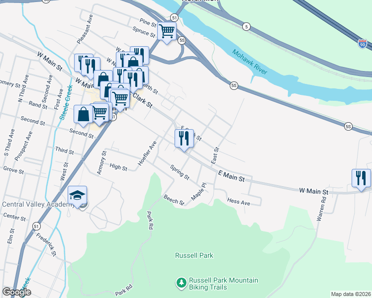 map of restaurants, bars, coffee shops, grocery stores, and more near 157 East Main Street in Ilion