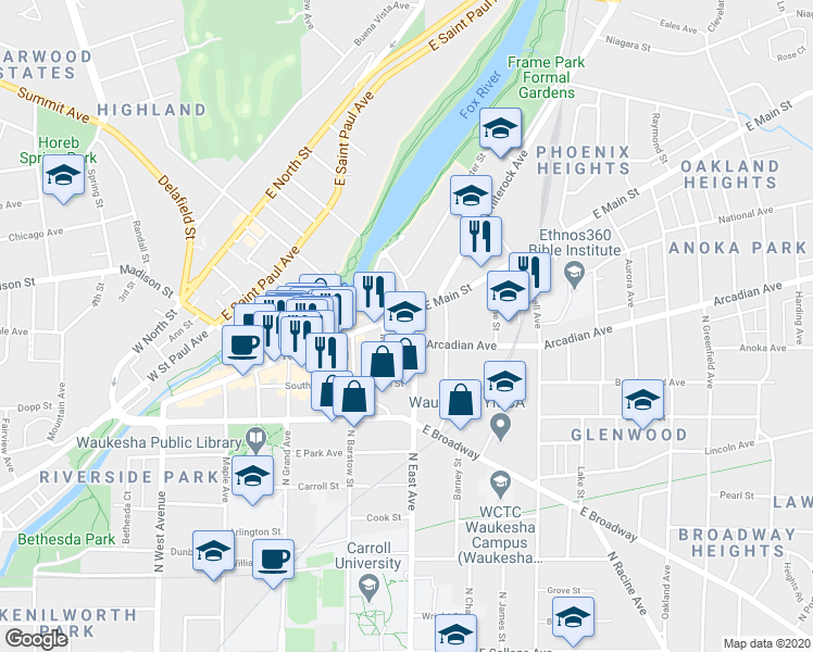 map of restaurants, bars, coffee shops, grocery stores, and more near 916 North East Avenue in Waukesha