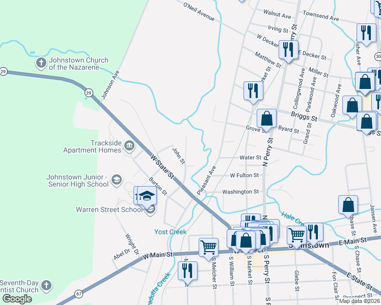 map of restaurants, bars, coffee shops, grocery stores, and more near 308 Wells Street in Johnstown