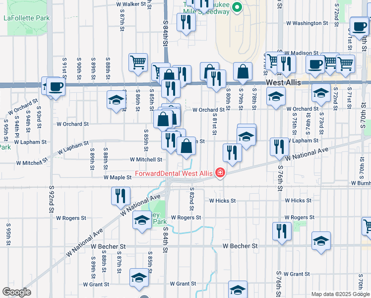 map of restaurants, bars, coffee shops, grocery stores, and more near 1618 South 83rd Street in West Allis
