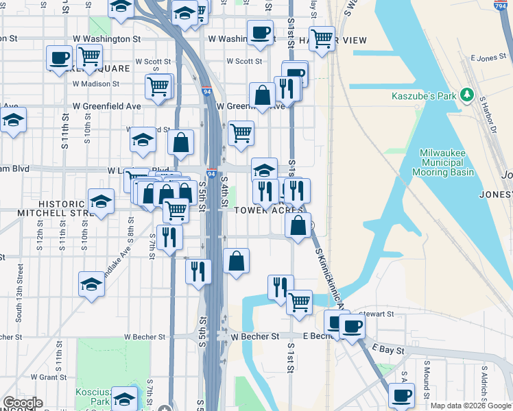 map of restaurants, bars, coffee shops, grocery stores, and more near 228 W Mitchell St in Milwaukee