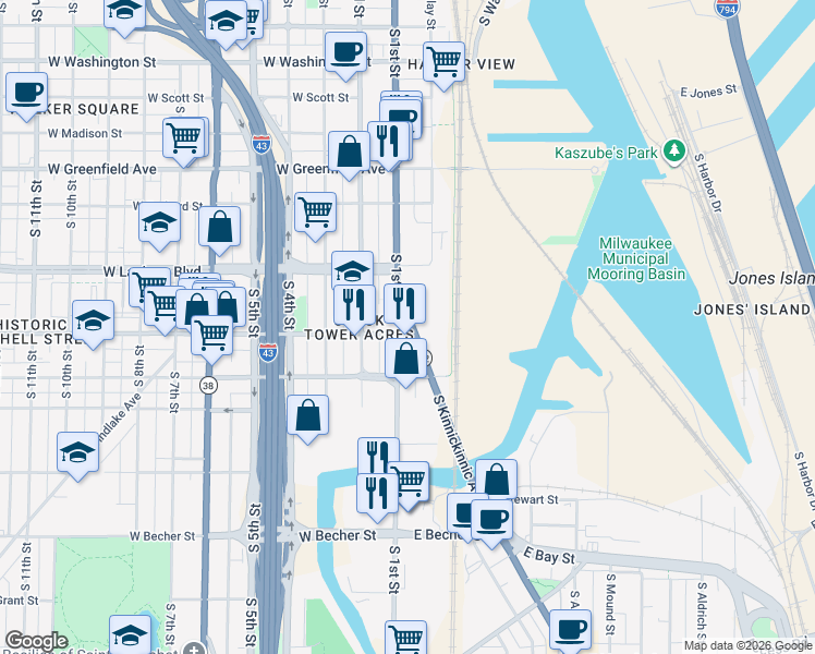 map of restaurants, bars, coffee shops, grocery stores, and more near 1685 South Kinnickinnic Avenue in Milwaukee