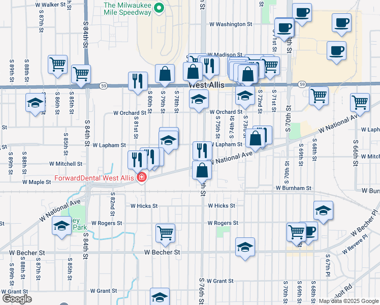 map of restaurants, bars, coffee shops, grocery stores, and more near 1620 South 77th Street in West Allis