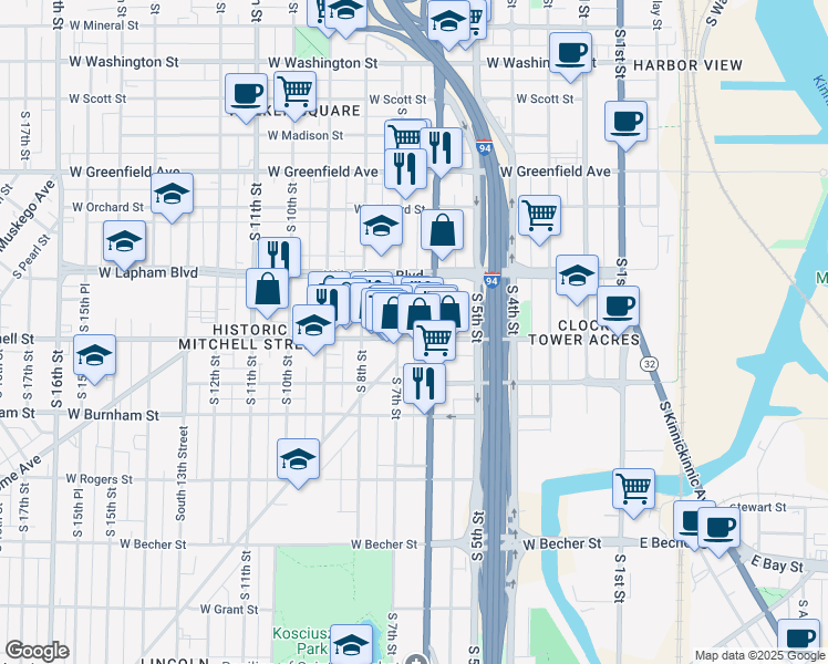 map of restaurants, bars, coffee shops, grocery stores, and more near 628 West Historic Mitchell Street in Milwaukee
