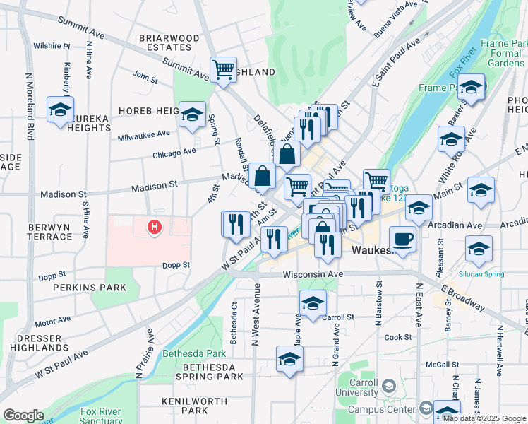 map of restaurants, bars, coffee shops, grocery stores, and more near 141 West North Street in Waukesha
