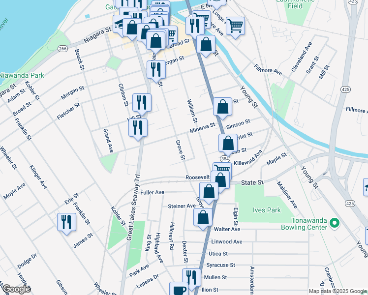 map of restaurants, bars, coffee shops, grocery stores, and more near 183 Grove Street in Tonawanda