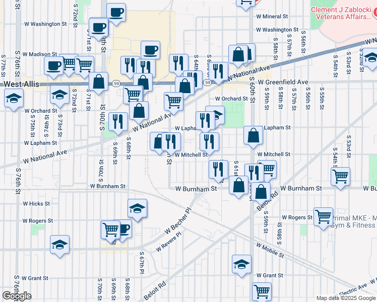 map of restaurants, bars, coffee shops, grocery stores, and more near 6420 West Mitchell Street in West Allis