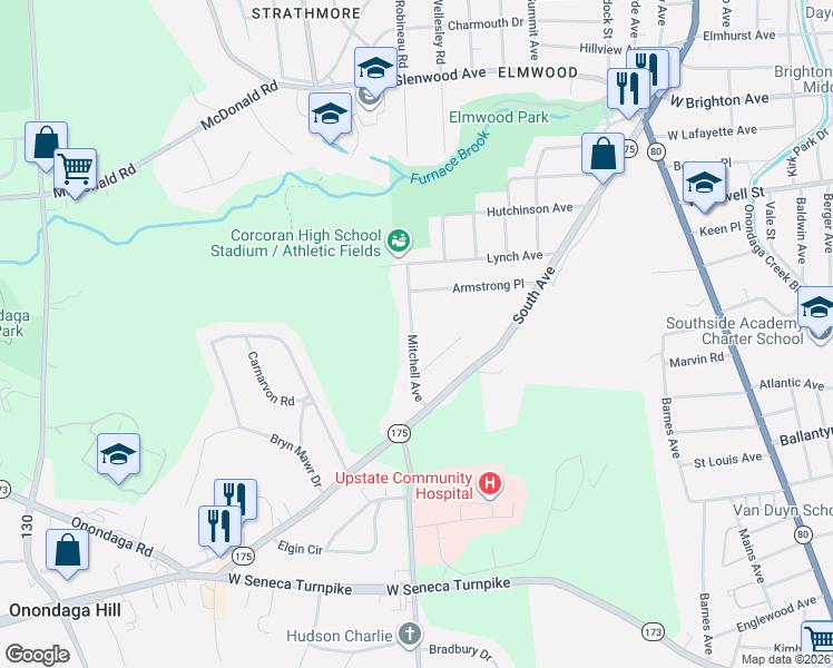 map of restaurants, bars, coffee shops, grocery stores, and more near 302 Mitchell Ave in Syracuse