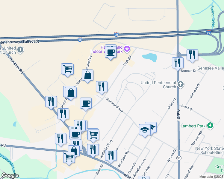 map of restaurants, bars, coffee shops, grocery stores, and more near Va Hospital Drive East in Batavia