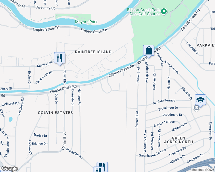map of restaurants, bars, coffee shops, grocery stores, and more near 33 Willowgrove Court in Tonawanda