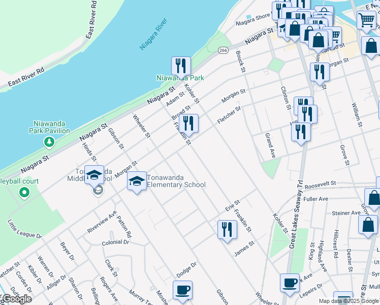 map of restaurants, bars, coffee shops, grocery stores, and more near 110 Franklin Street in Tonawanda
