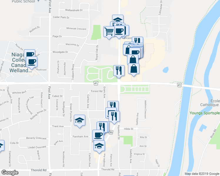 map of restaurants, bars, coffee shops, grocery stores, and more near 21 Woodlawn Road in Welland