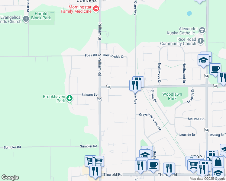 map of restaurants, bars, coffee shops, grocery stores, and more near 547 Woodlawn Road in Welland