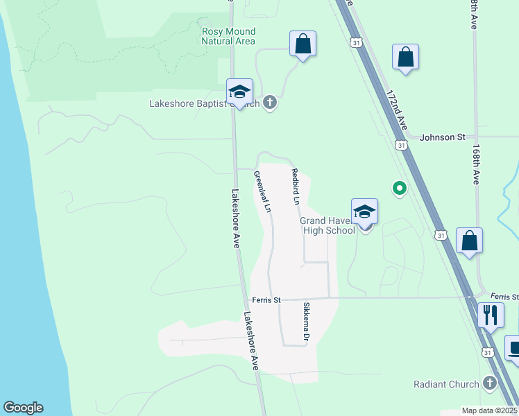 map of restaurants, bars, coffee shops, grocery stores, and more near 13431 Greenleaf Lane in Grand Haven